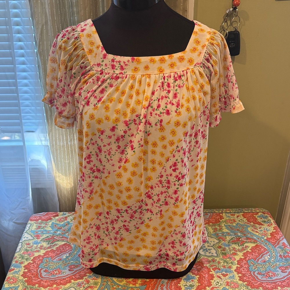 Nine West Floral Square Neck Blouse